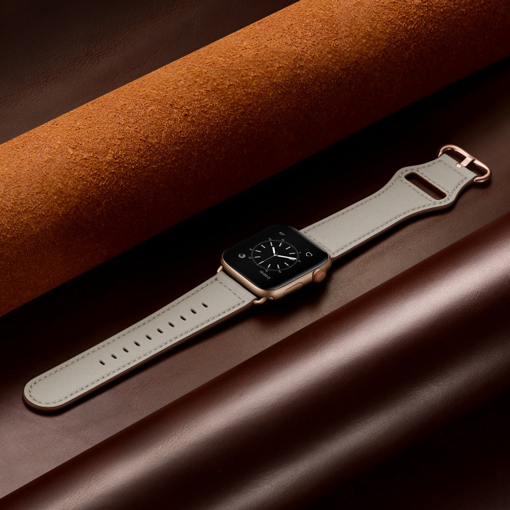 for Apple Watch Ultra 49mm / Series 8 45mm / 7 45mm / 6 / 5 / 4 / SE 44mm / SE (2022) 44mm / 3 / 2 / 1 42mm Textured Genuine Leather Watch Band Adjustable Wrist Strap Replacement - Beige / Pin Texture / Rose Gold