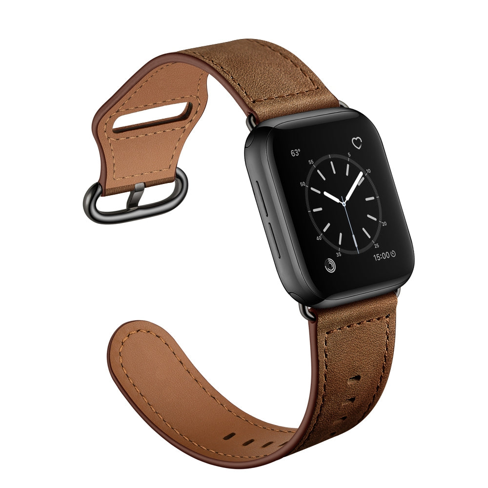 for Apple Watch Ultra 49mm / Series 8 45mm / 7 45mm / 6 / 5 / 4 / SE 44mm / SE (2022) 44mm / 3 / 2 / 1 42mm Textured Genuine Leather Watch Band Adjustable Wrist Strap Replacement - Dark Brown / Crazy Horse Texture / Black