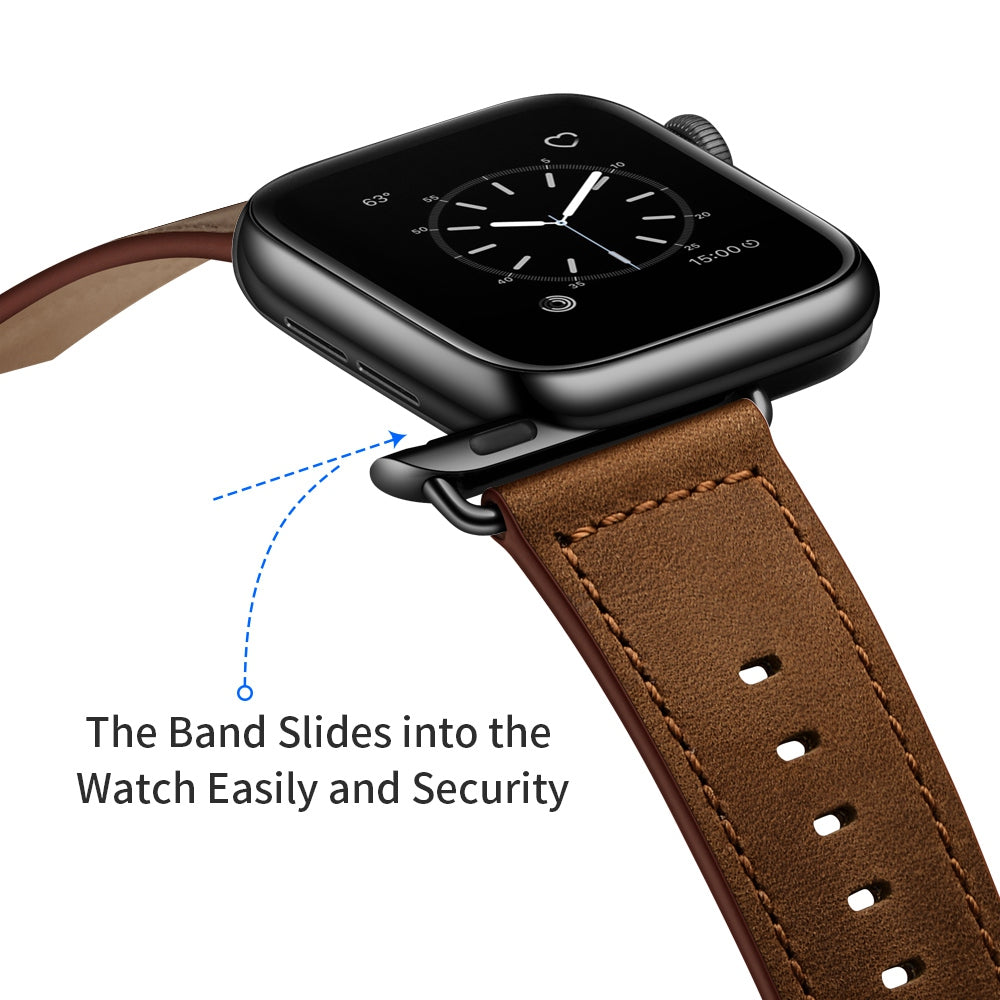 for Apple Watch Ultra 49mm / Series 8 45mm / 7 45mm / 6 / 5 / 4 / SE 44mm / SE (2022) 44mm / 3 / 2 / 1 42mm Textured Genuine Leather Watch Band Adjustable Wrist Strap Replacement - Dark Brown / Crazy Horse Texture / Black
