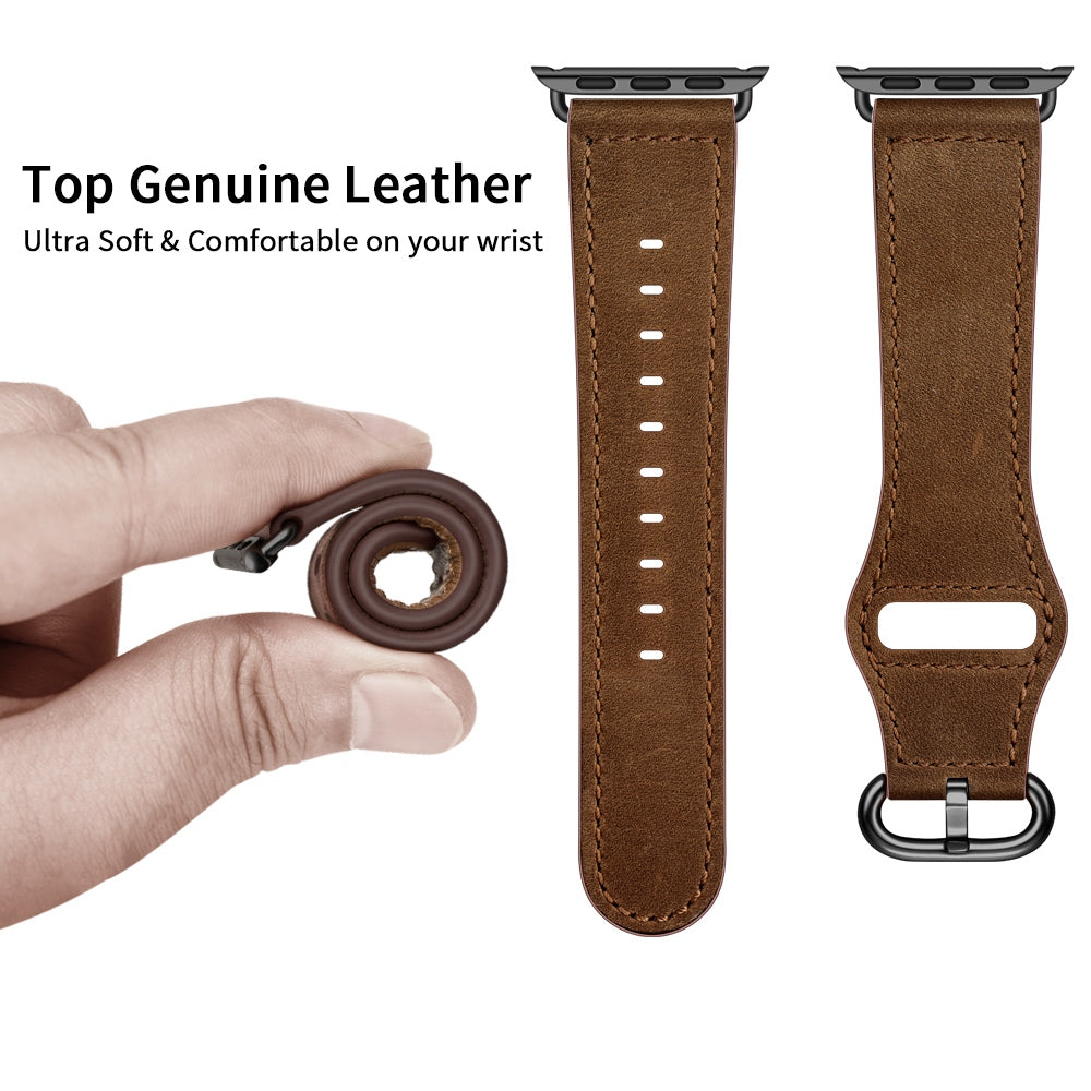 for Apple Watch Ultra 49mm / Series 8 45mm / 7 45mm / 6 / 5 / 4 / SE 44mm / SE (2022) 44mm / 3 / 2 / 1 42mm Textured Genuine Leather Watch Band Adjustable Wrist Strap Replacement - Dark Brown / Crazy Horse Texture / Black