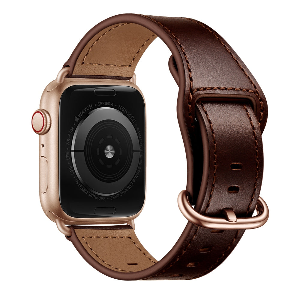 for Apple Watch Ultra 49mm / Series 8 45mm / 7 45mm / 6 / 5 / 4 / SE 44mm / SE (2022) 44mm / 3 / 2 / 1 42mm Textured Genuine Leather Watch Band Adjustable Wrist Strap Replacement - Dark Brown / Smooth Texture / Rose Gold