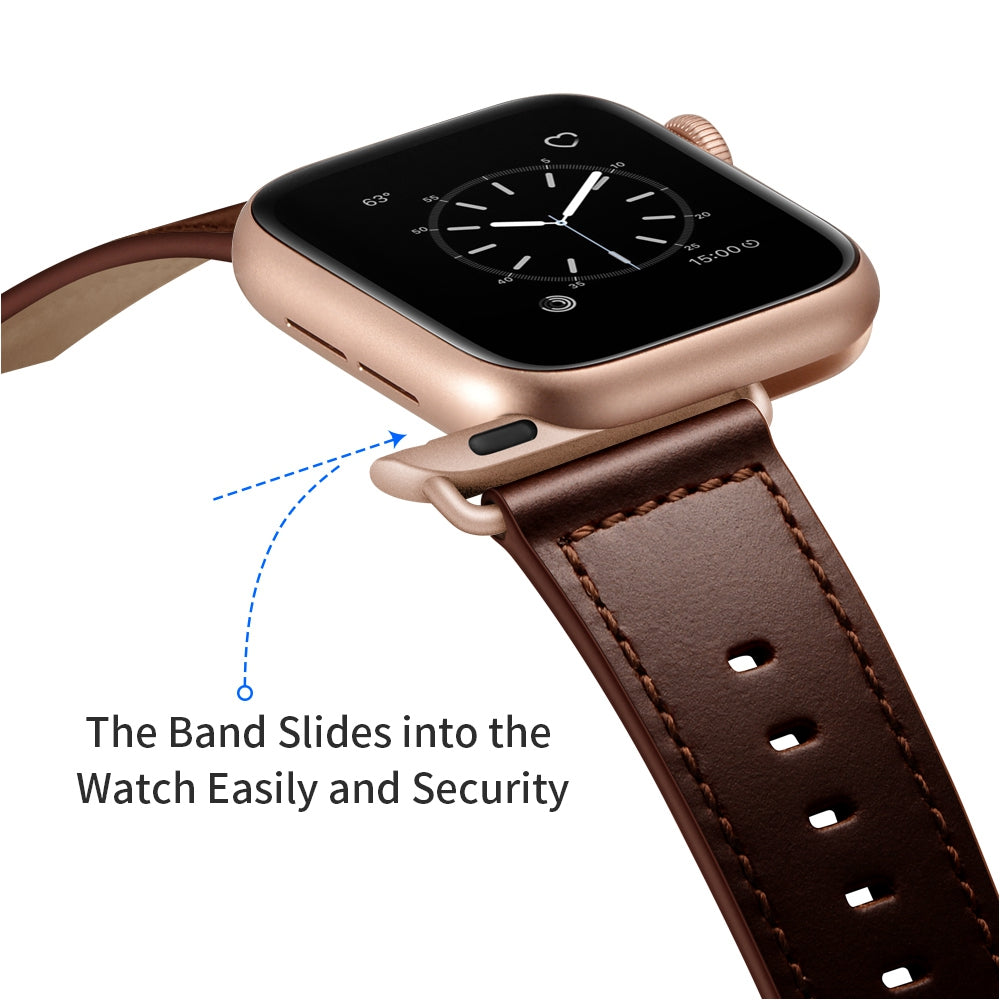 for Apple Watch Ultra 49mm / Series 8 45mm / 7 45mm / 6 / 5 / 4 / SE 44mm / SE (2022) 44mm / 3 / 2 / 1 42mm Textured Genuine Leather Watch Band Adjustable Wrist Strap Replacement - Dark Brown / Smooth Texture / Rose Gold