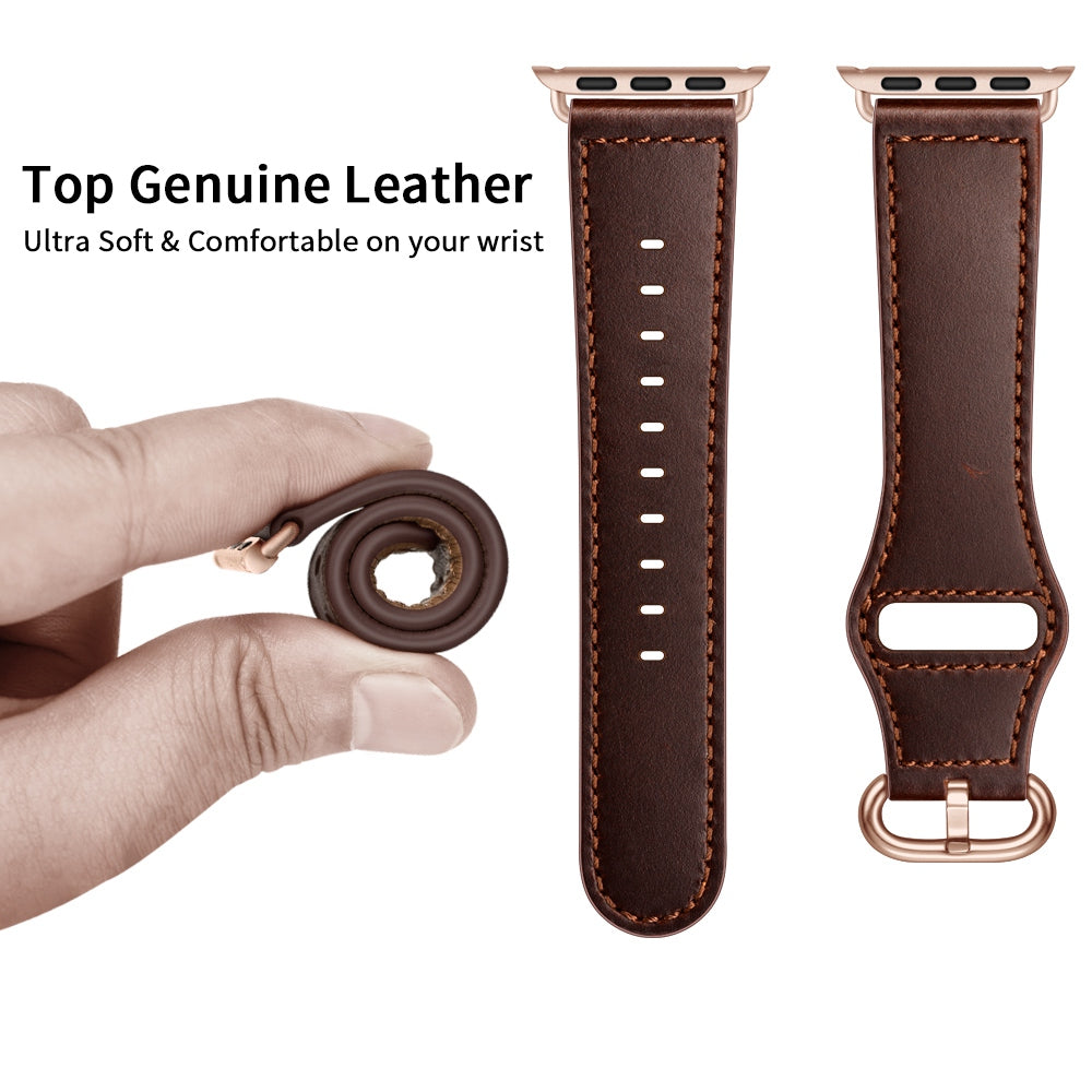 for Apple Watch Ultra 49mm / Series 8 45mm / 7 45mm / 6 / 5 / 4 / SE 44mm / SE (2022) 44mm / 3 / 2 / 1 42mm Textured Genuine Leather Watch Band Adjustable Wrist Strap Replacement - Dark Brown / Smooth Texture / Rose Gold
