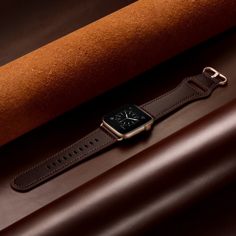 for Apple Watch Ultra 49mm / Series 8 45mm / 7 45mm / 6 / 5 / 4 / SE 44mm / SE (2022) 44mm / 3 / 2 / 1 42mm Textured Genuine Leather Watch Band Adjustable Wrist Strap Replacement - Dark Brown / Smooth Texture / Rose Gold