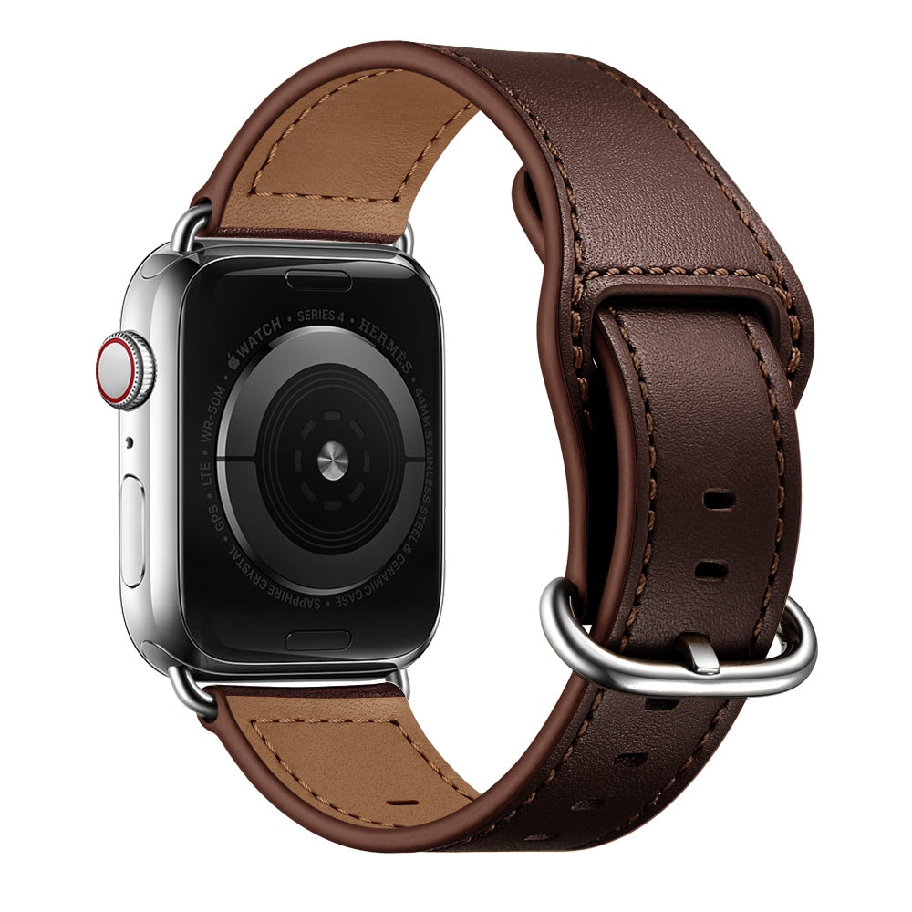 for Apple Watch Ultra 49mm / Series 8 45mm / 7 45mm / 6 / 5 / 4 / SE 44mm / SE (2022) 44mm / 3 / 2 / 1 42mm Textured Genuine Leather Watch Band Adjustable Wrist Strap Replacement - Dark Brown / Pin Texture / Silver