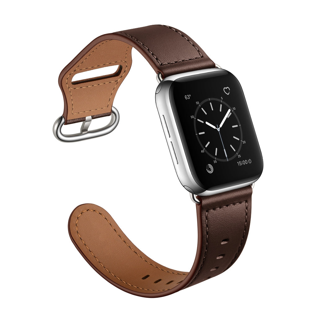 for Apple Watch Ultra 49mm / Series 8 45mm / 7 45mm / 6 / 5 / 4 / SE 44mm / SE (2022) 44mm / 3 / 2 / 1 42mm Textured Genuine Leather Watch Band Adjustable Wrist Strap Replacement - Dark Brown / Pin Texture / Silver