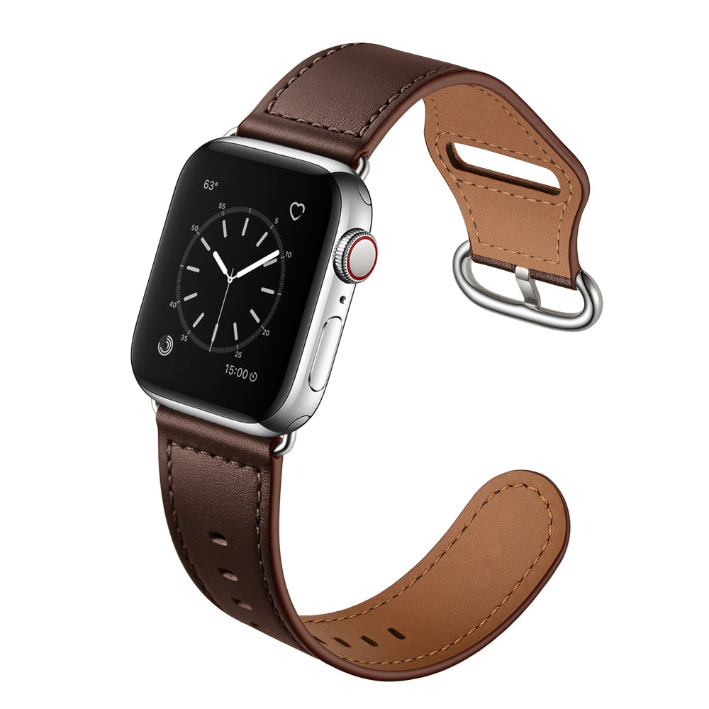 for Apple Watch Ultra 49mm / Series 8 45mm / 7 45mm / 6 / 5 / 4 / SE 44mm / SE (2022) 44mm / 3 / 2 / 1 42mm Textured Genuine Leather Watch Band Adjustable Wrist Strap Replacement - Dark Brown / Pin Texture / Silver