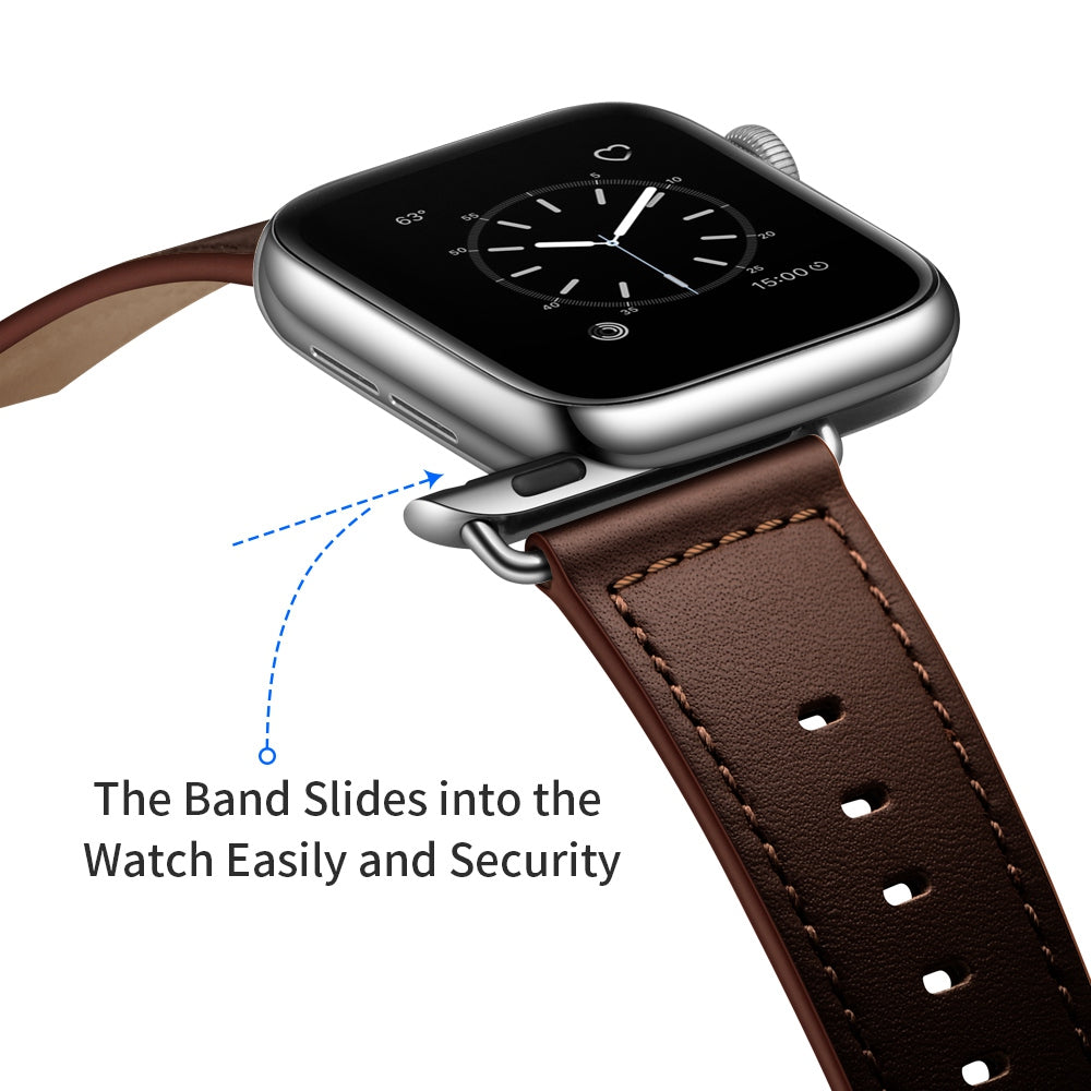 for Apple Watch Ultra 49mm / Series 8 45mm / 7 45mm / 6 / 5 / 4 / SE 44mm / SE (2022) 44mm / 3 / 2 / 1 42mm Textured Genuine Leather Watch Band Adjustable Wrist Strap Replacement - Dark Brown / Pin Texture / Silver