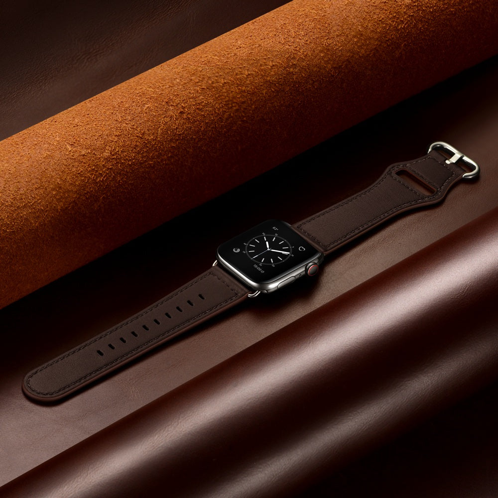 for Apple Watch Ultra 49mm / Series 8 45mm / 7 45mm / 6 / 5 / 4 / SE 44mm / SE (2022) 44mm / 3 / 2 / 1 42mm Textured Genuine Leather Watch Band Adjustable Wrist Strap Replacement - Dark Brown / Pin Texture / Silver