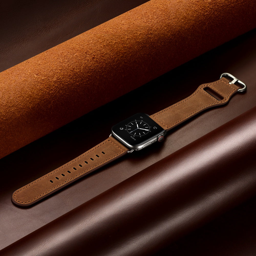 for Apple Watch Series 8 41mm / Series 7 41mm / 6 / 5 / 4 / SE / SE(2022) 40mm / 3 / 2 / 1 38mm Genuine Leather Watch Strap Replacement Wrist Band - Brown / Crazy Horse Texture / Silver