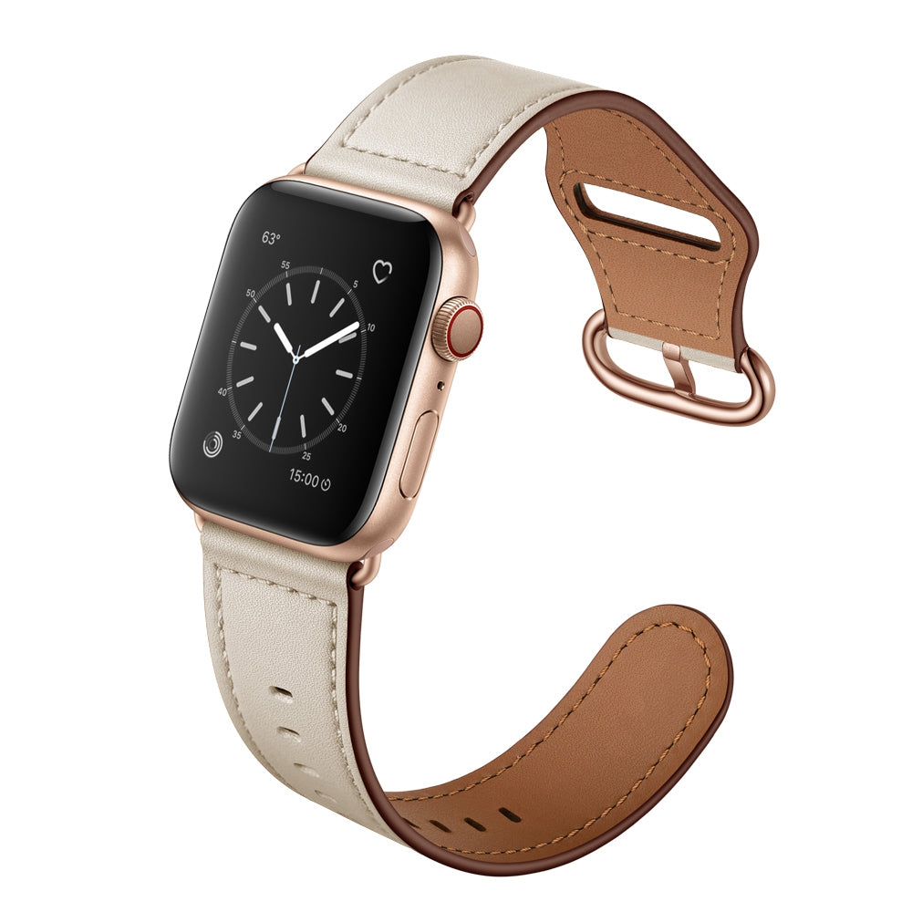 for Apple Watch Series 8 41mm / Series 7 41mm / 6 / 5 / 4 / SE / SE(2022) 40mm / 3 / 2 / 1 38mm Genuine Leather Watch Strap Replacement Wrist Band - Beige / Pin Texture / Rose Gold