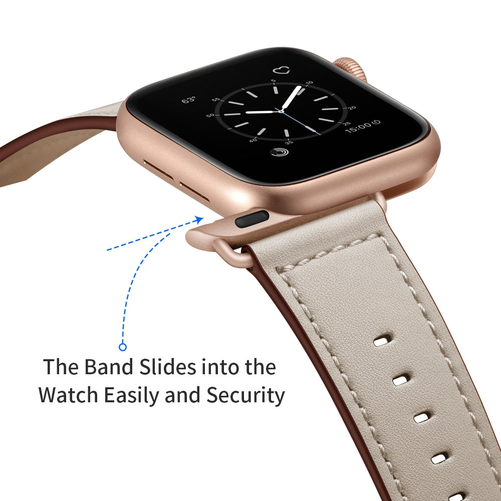 for Apple Watch Series 8 41mm / Series 7 41mm / 6 / 5 / 4 / SE / SE(2022) 40mm / 3 / 2 / 1 38mm Genuine Leather Watch Strap Replacement Wrist Band - Beige / Pin Texture / Rose Gold