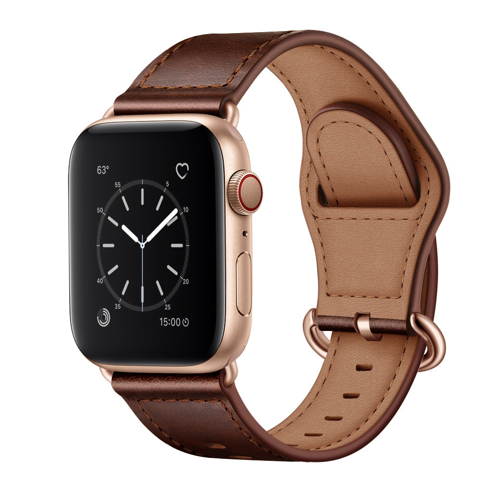 for Apple Watch Series 8 41mm / Series 7 41mm / 6 / 5 / 4 / SE / SE(2022) 40mm / 3 / 2 / 1 38mm Genuine Leather Watch Strap Replacement Wrist Band - Dark Brown / Smooth Texture / Rose Gold