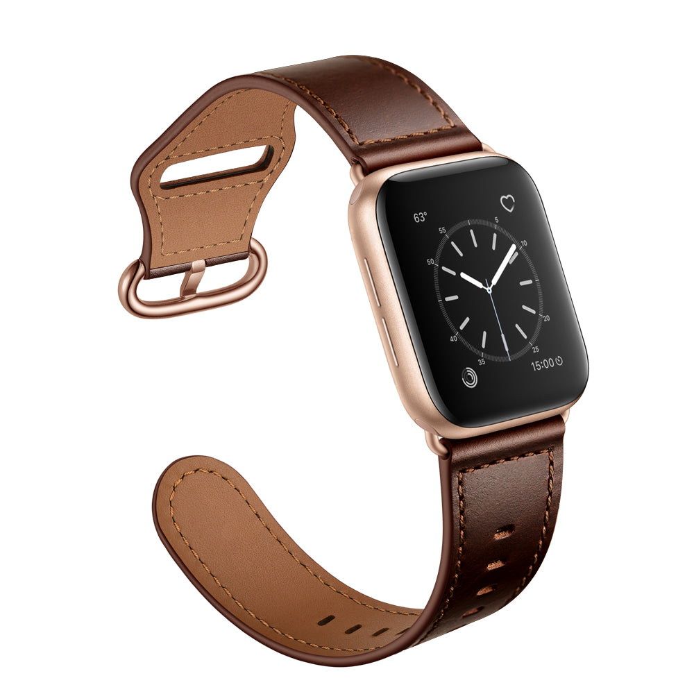 for Apple Watch Series 8 41mm / Series 7 41mm / 6 / 5 / 4 / SE / SE(2022) 40mm / 3 / 2 / 1 38mm Genuine Leather Watch Strap Replacement Wrist Band - Dark Brown / Smooth Texture / Rose Gold