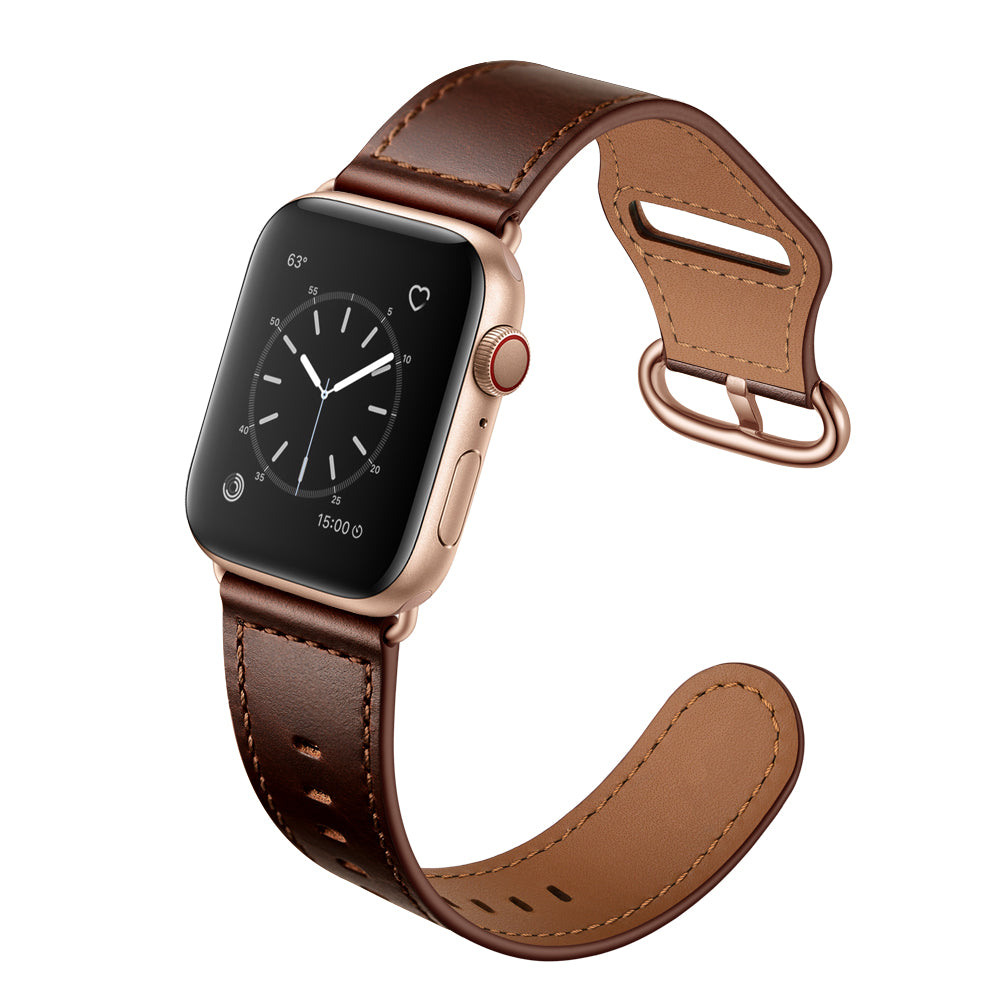 for Apple Watch Series 8 41mm / Series 7 41mm / 6 / 5 / 4 / SE / SE(2022) 40mm / 3 / 2 / 1 38mm Genuine Leather Watch Strap Replacement Wrist Band - Dark Brown / Smooth Texture / Rose Gold