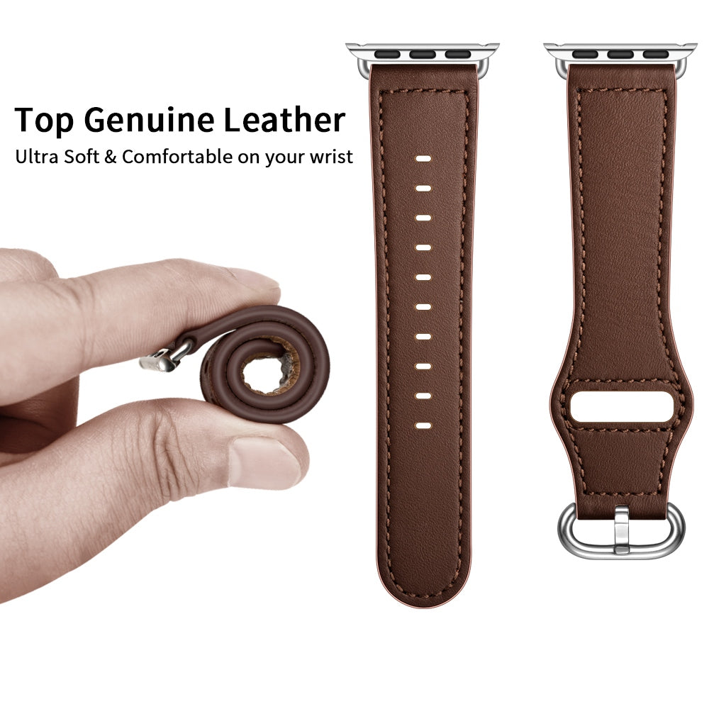 for Apple Watch Series 8 41mm / Series 7 41mm / 6 / 5 / 4 / SE / SE(2022) 40mm / 3 / 2 / 1 38mm Genuine Leather Watch Strap Replacement Wrist Band - Dark Brown / Pin Texture / Silver