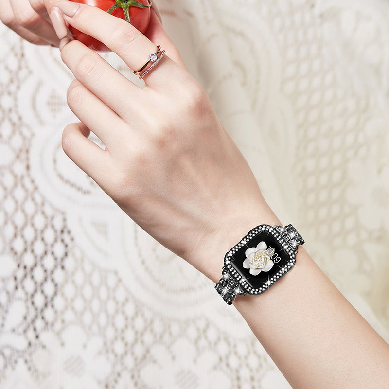 For Apple Watch Series 1 / 2 / 3 42mm Rhinestone Decor Stainless Steel Wrist Strap Watch Band with Hollow-out PC Watch Cover - Black