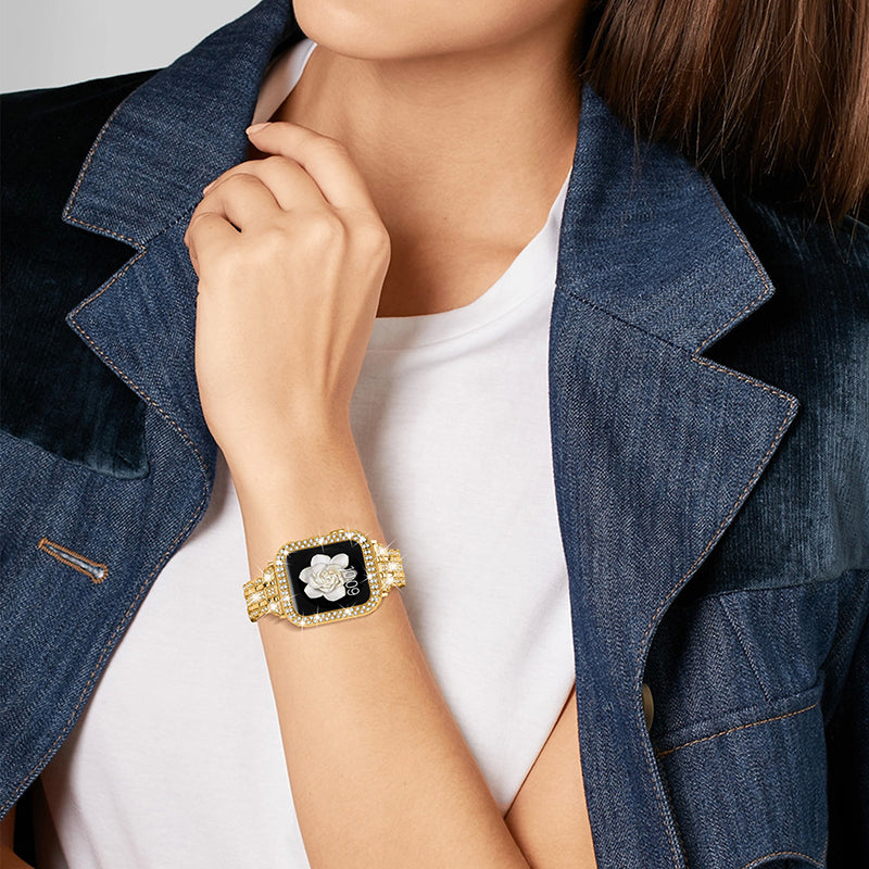 For Apple Watch Series 1 / 2 / 3 42mm Rhinestone Decor Stainless Steel Wrist Strap Watch Band with Hollow-out PC Watch Cover - Gold