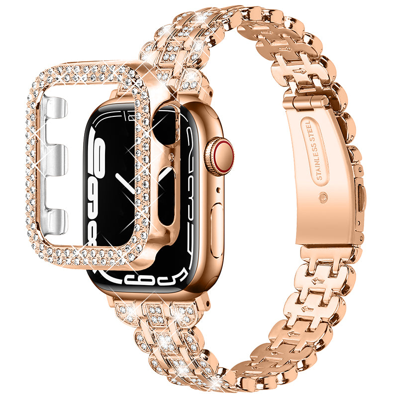 For Apple Watch Series 1 / 2 / 3 42mm Rhinestone Decor Stainless Steel Wrist Strap Watch Band with Hollow-out PC Watch Cover - Rose Gold
