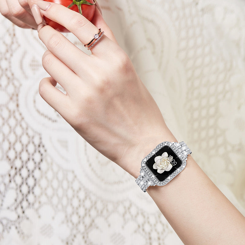 For Apple Watch Series 1 / 2 / 3 42mm Rhinestone Decor Stainless Steel Wrist Strap Watch Band with Hollow-out PC Watch Cover - Silver