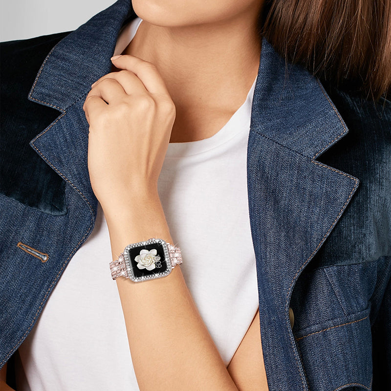 For Apple Watch Series 1 / 2 / 3 38mm Rhinestone Decor Stainless Steel Smart Watch Band with Hollow-out PC Watch Case - Pink / Gold