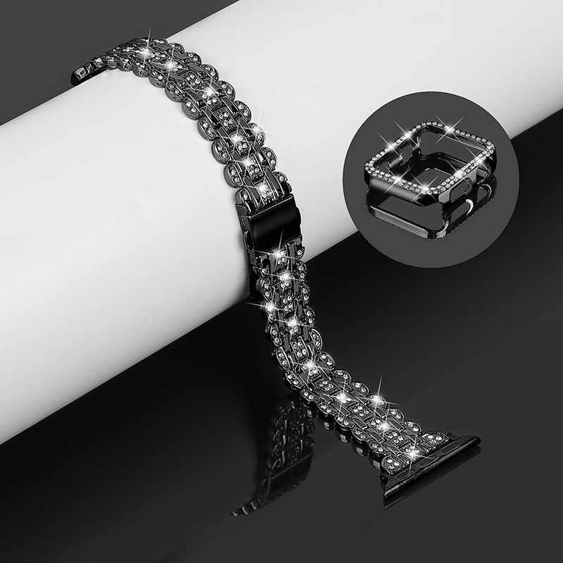 For Apple Watch Series 1 / 2 / 3 38mm Rhinestone Decor Stainless Steel Smart Watch Band with Hollow-out PC Watch Case - Black