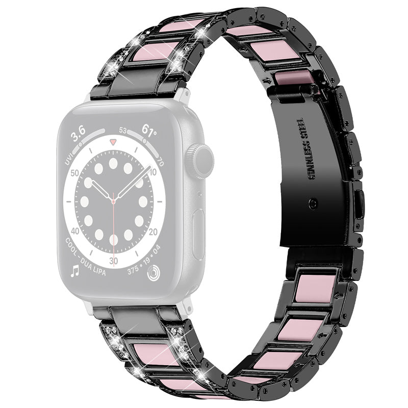 for Apple Watch Ultra 49mm / Series 8 45mm / 7 45mm / Series 6 / 5 / 4 / SE 44mm / SE (2022) 44mm / Series 3 / 2 / 1 42mm Resin Watch Band Rhinestone Decor Replacement Stainless Steel Strap - Black / Pink