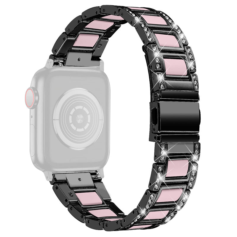 for Apple Watch Ultra 49mm / Series 8 45mm / 7 45mm / Series 6 / 5 / 4 / SE 44mm / SE (2022) 44mm / Series 3 / 2 / 1 42mm Resin Watch Band Rhinestone Decor Replacement Stainless Steel Strap - Black / Pink