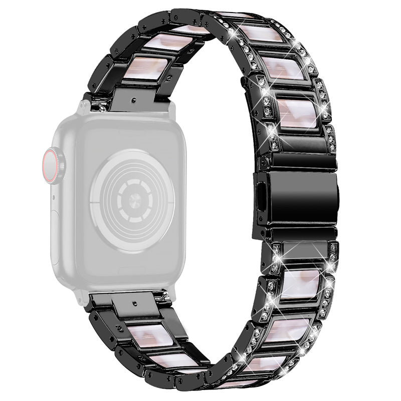 for Apple Watch Ultra 49mm / Series 8 45mm / 7 45mm / Series 6 / 5 / 4 / SE 44mm / SE (2022) 44mm / Series 3 / 2 / 1 42mm Resin Watch Band Rhinestone Decor Replacement Stainless Steel Strap - Black / Pink Mix