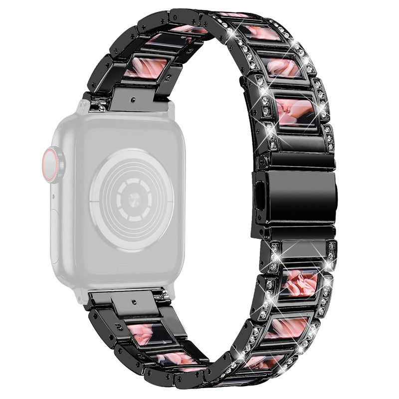 for Apple Watch Ultra 49mm / Series 8 45mm / 7 45mm / Series 6 / 5 / 4 / SE 44mm / SE (2022) 44mm / Series 3 / 2 / 1 42mm Resin Watch Band Rhinestone Decor Replacement Stainless Steel Strap - Black / Black Pink Mix