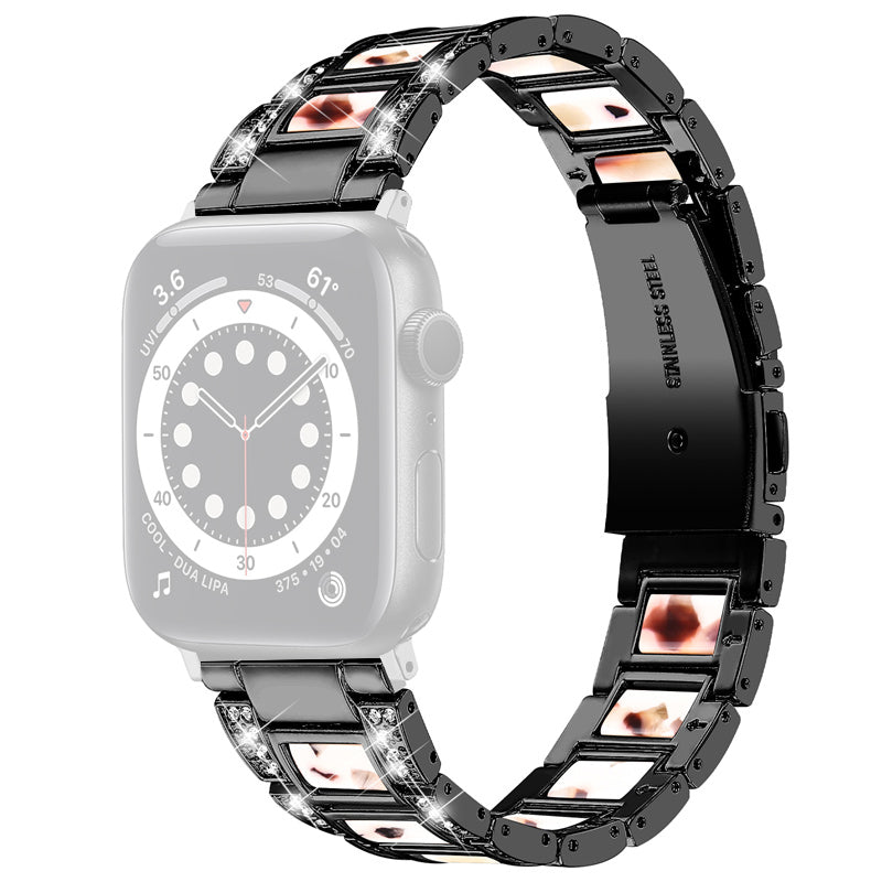 for Apple Watch Ultra 49mm / Series 8 45mm / 7 45mm / Series 6 / 5 / 4 / SE 44mm / SE (2022) 44mm / Series 3 / 2 / 1 42mm Resin Watch Band Rhinestone Decor Replacement Stainless Steel Strap - Black / Nougat Pattern