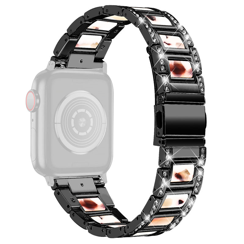 for Apple Watch Ultra 49mm / Series 8 45mm / 7 45mm / Series 6 / 5 / 4 / SE 44mm / SE (2022) 44mm / Series 3 / 2 / 1 42mm Resin Watch Band Rhinestone Decor Replacement Stainless Steel Strap - Black / Nougat Pattern