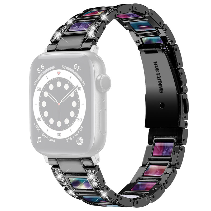 for Apple Watch Ultra 49mm / Series 8 45mm / 7 45mm / Series 6 / 5 / 4 / SE 44mm / SE (2022) 44mm / Series 3 / 2 / 1 42mm Resin Watch Band Rhinestone Decor Replacement Stainless Steel Strap - Black / Purple Green Mix