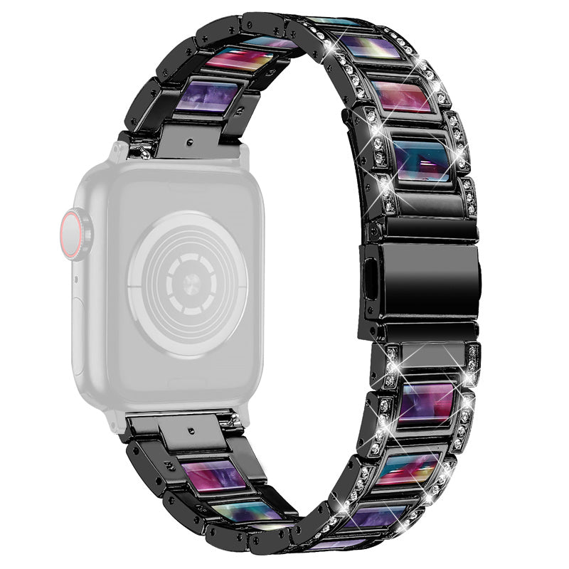 for Apple Watch Ultra 49mm / Series 8 45mm / 7 45mm / Series 6 / 5 / 4 / SE 44mm / SE (2022) 44mm / Series 3 / 2 / 1 42mm Resin Watch Band Rhinestone Decor Replacement Stainless Steel Strap - Black / Purple Green Mix