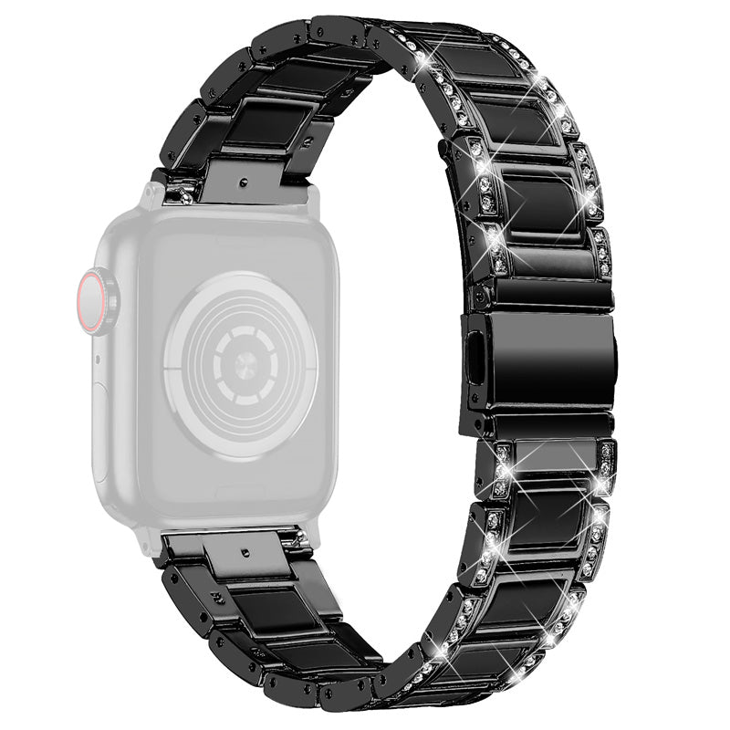 for Apple Watch Ultra 49mm / Series 8 45mm / 7 45mm / Series 6 / 5 / 4 / SE 44mm / SE (2022) 44mm / Series 3 / 2 / 1 42mm Resin Watch Band Rhinestone Decor Replacement Stainless Steel Strap - Black