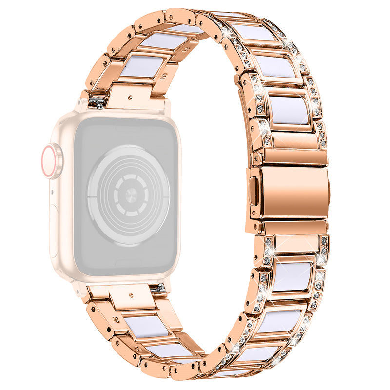 for Apple Watch Ultra 49mm / Series 8 45mm / 7 45mm / Series 6 / 5 / 4 / SE 44mm / SE (2022) 44mm / Series 3 / 2 / 1 42mm Resin Watch Band Rhinestone Decor Replacement Stainless Steel Strap - Rose Gold / White