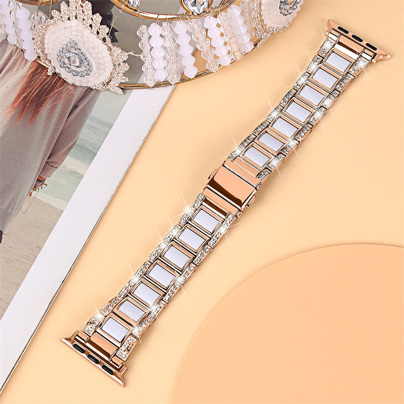 for Apple Watch Ultra 49mm / Series 8 45mm / 7 45mm / Series 6 / 5 / 4 / SE 44mm / SE (2022) 44mm / Series 3 / 2 / 1 42mm Resin Watch Band Rhinestone Decor Replacement Stainless Steel Strap - Rose Gold / White