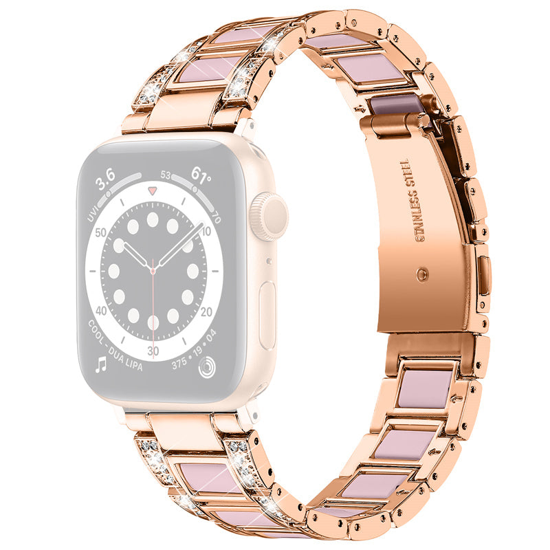 for Apple Watch Ultra 49mm / Series 8 45mm / 7 45mm / Series 6 / 5 / 4 / SE 44mm / SE (2022) 44mm / Series 3 / 2 / 1 42mm Resin Watch Band Rhinestone Decor Replacement Stainless Steel Strap - Rose Gold / Black Pink Mix