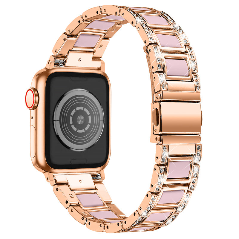 for Apple Watch Ultra 49mm / Series 8 45mm / 7 45mm / Series 6 / 5 / 4 / SE 44mm / SE (2022) 44mm / Series 3 / 2 / 1 42mm Resin Watch Band Rhinestone Decor Replacement Stainless Steel Strap - Rose Gold / Black Pink Mix