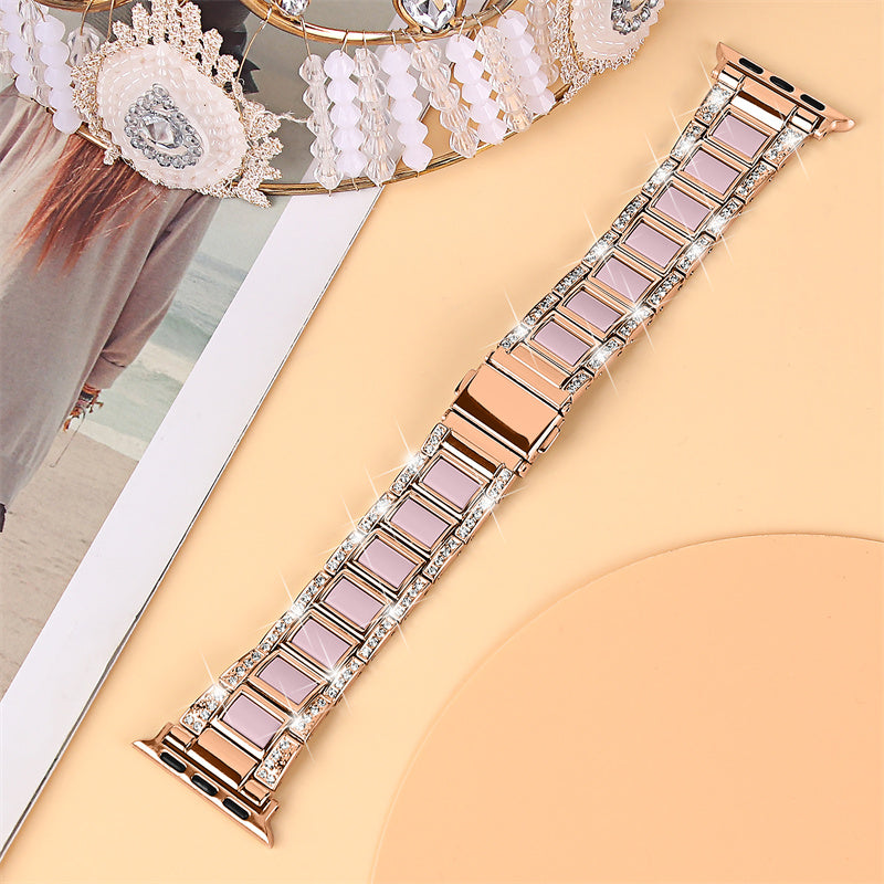 for Apple Watch Ultra 49mm / Series 8 45mm / 7 45mm / Series 6 / 5 / 4 / SE 44mm / SE (2022) 44mm / Series 3 / 2 / 1 42mm Resin Watch Band Rhinestone Decor Replacement Stainless Steel Strap - Rose Gold / Black Pink Mix