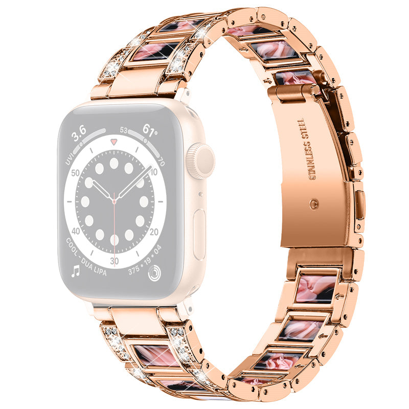for Apple Watch Ultra 49mm / Series 8 45mm / 7 45mm / Series 6 / 5 / 4 / SE 44mm / SE (2022) 44mm / Series 3 / 2 / 1 42mm Resin Watch Band Rhinestone Decor Replacement Stainless Steel Strap - Rose Gold / Black