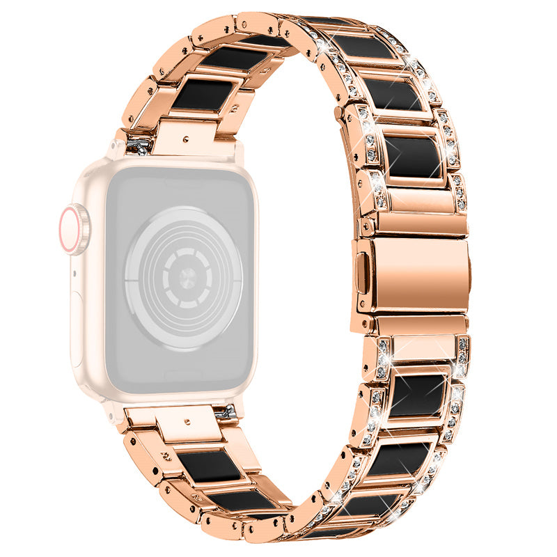 for Apple Watch Ultra 49mm / Series 8 45mm / 7 45mm / Series 6 / 5 / 4 / SE 44mm / SE (2022) 44mm / Series 3 / 2 / 1 42mm Resin Watch Band Rhinestone Decor Replacement Stainless Steel Strap - Rose Gold / Nougat Pattern