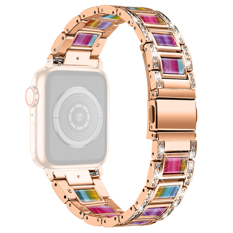 for Apple Watch Ultra 49mm / Series 8 45mm / 7 45mm / Series 6 / 5 / 4 / SE 44mm / SE (2022) 44mm / Series 3 / 2 / 1 42mm Resin Watch Band Rhinestone Decor Replacement Stainless Steel Strap - Rose Gold / Purple Green Mix