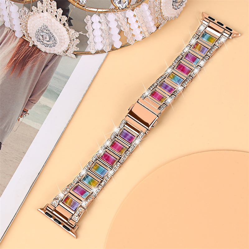 for Apple Watch Ultra 49mm / Series 8 45mm / 7 45mm / Series 6 / 5 / 4 / SE 44mm / SE (2022) 44mm / Series 3 / 2 / 1 42mm Resin Watch Band Rhinestone Decor Replacement Stainless Steel Strap - Rose Gold / Purple Green Mix