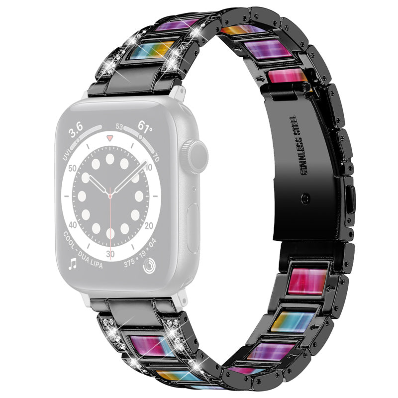 for Apple Watch Series 8 41mm / Series 7 41mm / Series 6 / 5 / 4 / SE / SE(2022) 40mm / Series 3 / 2 / 1 38mm Stainless Steel Watch Band Bling Rhinestone Resin Bracelet Strap Replacement - Black / Colorful