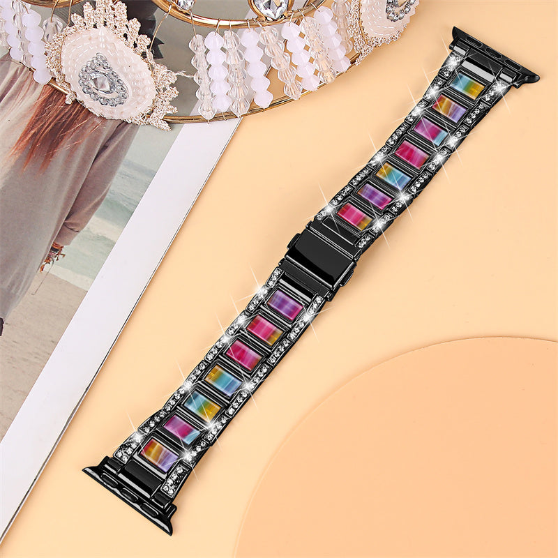 for Apple Watch Series 8 41mm / Series 7 41mm / Series 6 / 5 / 4 / SE / SE(2022) 40mm / Series 3 / 2 / 1 38mm Stainless Steel Watch Band Bling Rhinestone Resin Bracelet Strap Replacement - Black / Colorful