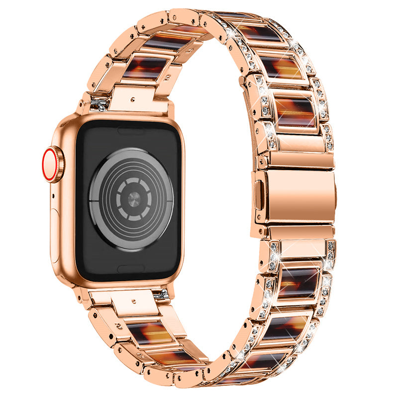 for Apple Watch Series 8 41mm / Series 7 41mm / Series 6 / 5 / 4 / SE / SE(2022) 40mm / Series 3 / 2 / 1 38mm Stainless Steel Watch Band Bling Rhinestone Resin Bracelet Strap Replacement - Rose Gold / Tortoiseshell Color