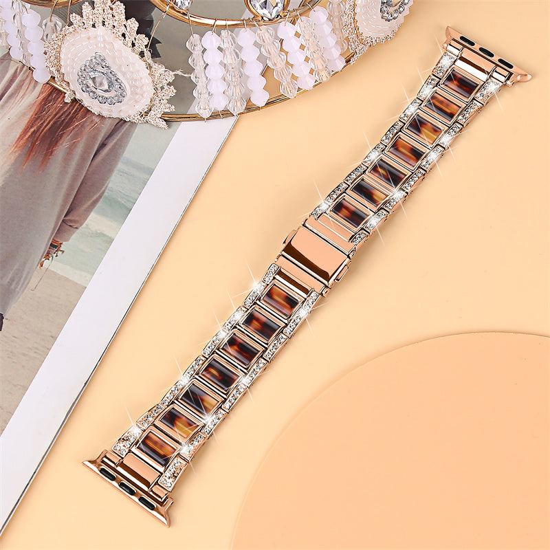 for Apple Watch Series 8 41mm / Series 7 41mm / Series 6 / 5 / 4 / SE / SE(2022) 40mm / Series 3 / 2 / 1 38mm Stainless Steel Watch Band Bling Rhinestone Resin Bracelet Strap Replacement - Rose Gold / Tortoiseshell Color