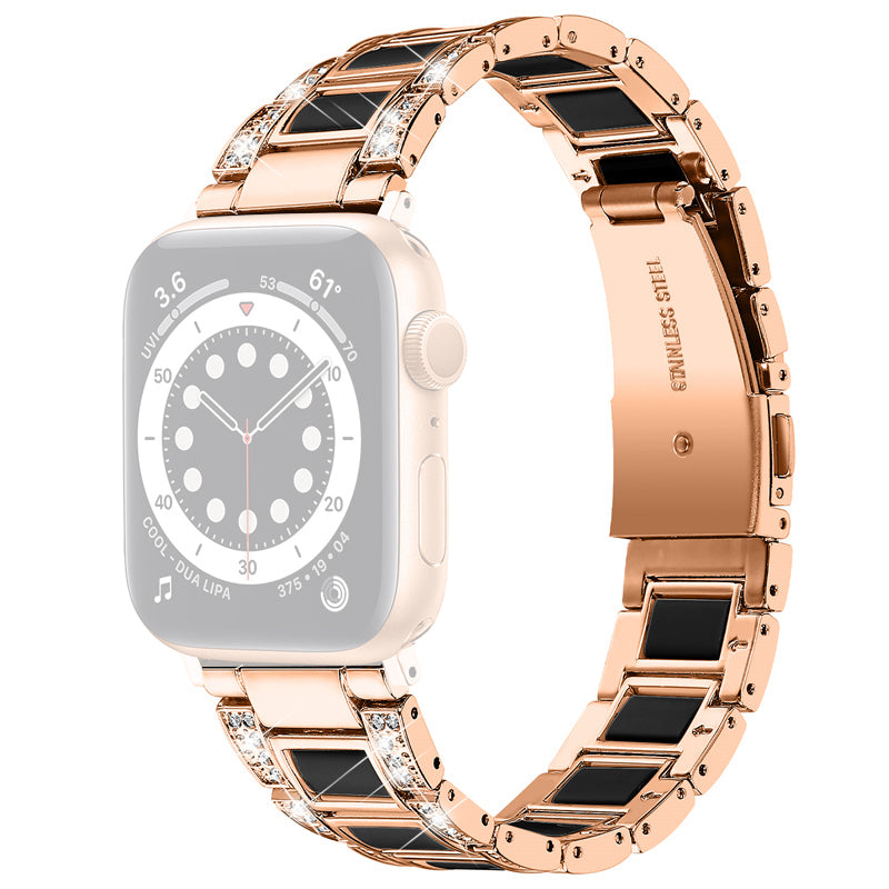 for Apple Watch Series 8 41mm / Series 7 41mm / Series 6 / 5 / 4 / SE / SE(2022) 40mm / Series 3 / 2 / 1 38mm Stainless Steel Watch Band Bling Rhinestone Resin Bracelet Strap Replacement - Rose Gold / Black