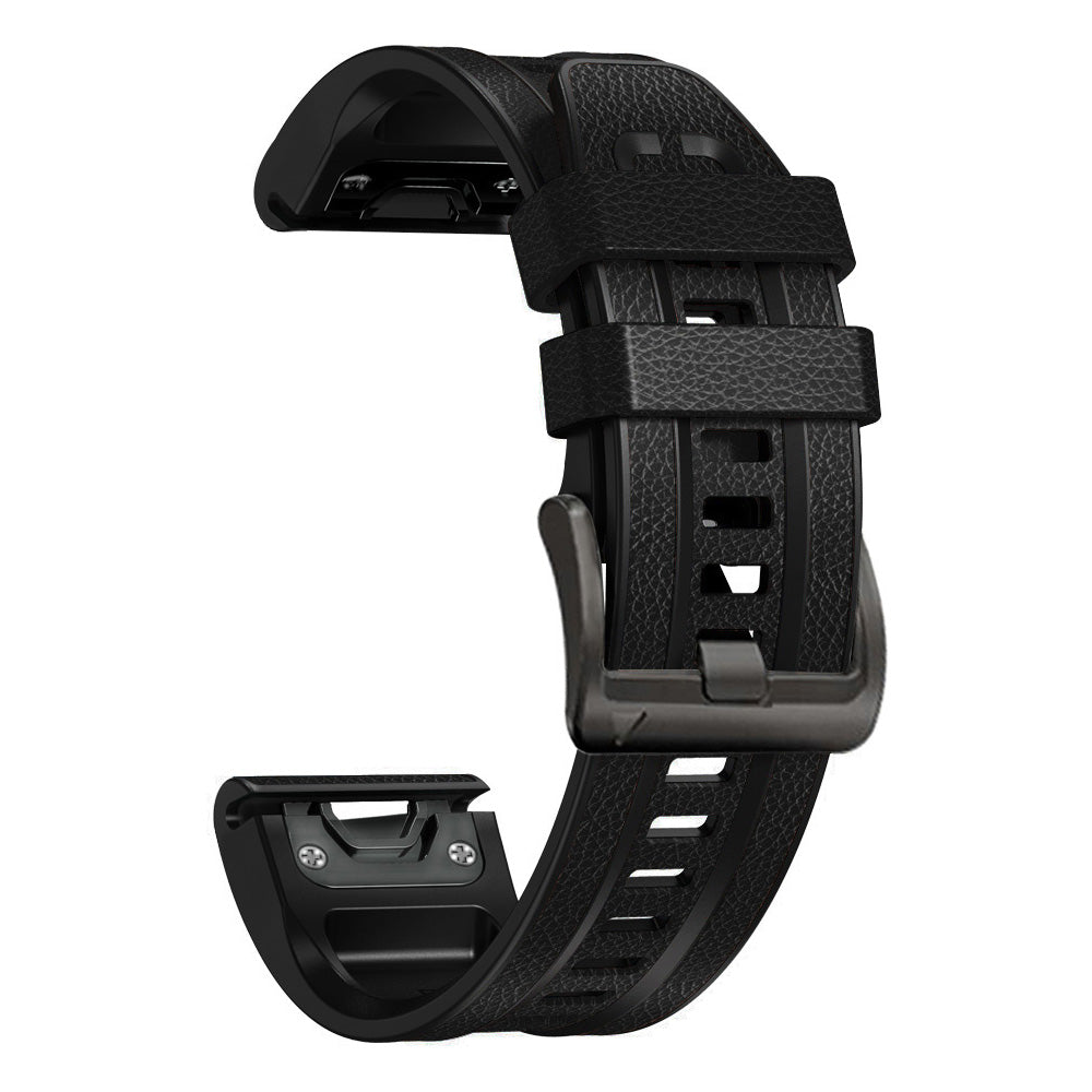 For Garmin Tactix 7 Pro / Fenix 7X / Fenix 6X Pro Quick Release Leather Coated Silicone Smart Watch Band Wrist Strap 26mm - Black